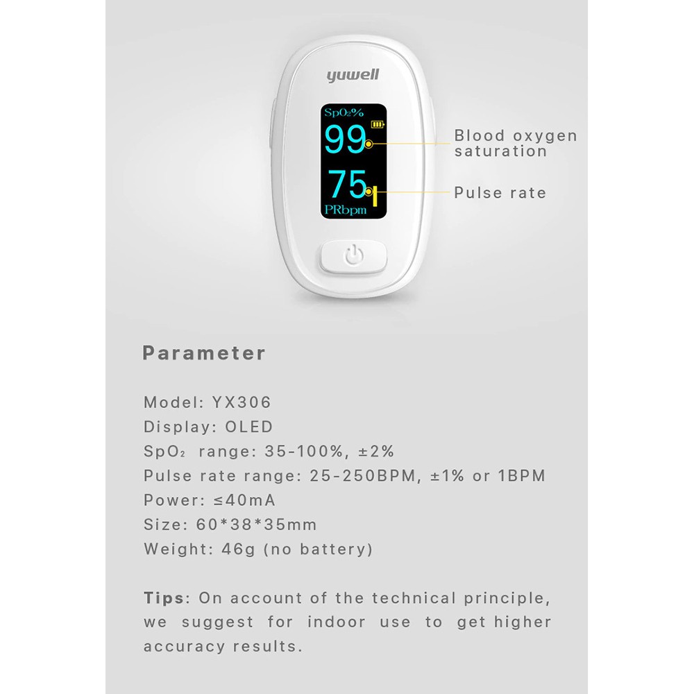 GS8 Xiao mi Yuwell Alat Pengukur Detak Jantung Kadar Oksigen Fingertip Pulse Oximeter YX306 Whi