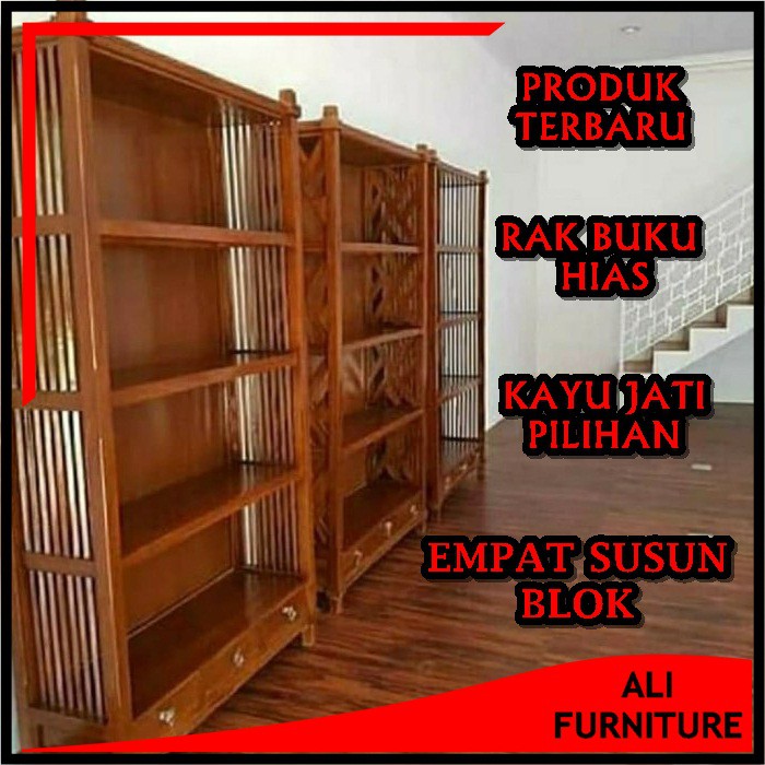 Lemari Buku Kayu Jati Kualitas Ekspor Rak Buku Kayu 4 Susun Model Rak Buku Minimalis Produksi Jepara