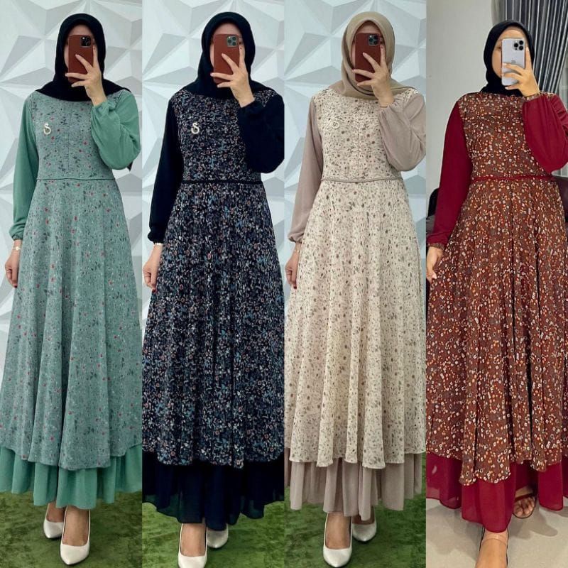 gamis terbaru bahan seruty babydol motif bunga kecil