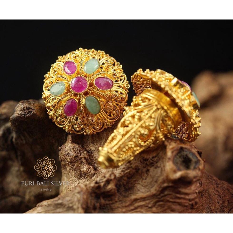 Giwang Subeng Bun Ukiran Bali Ruby dan Emerald Perak Gold Pleted