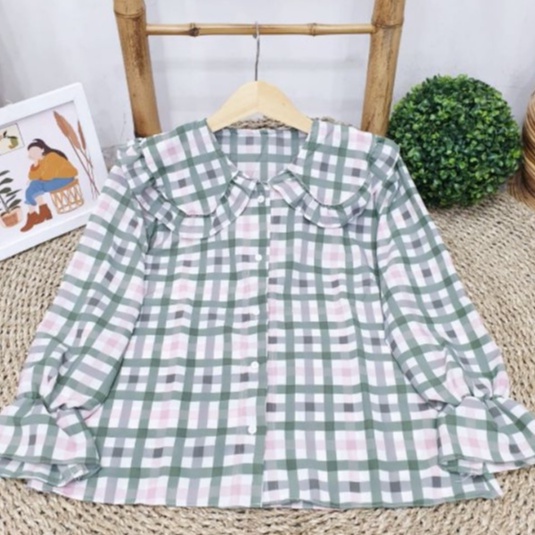 BLOUSE BALON MIZU TARTAN /Una Top KEMEJA REMPEL LORI SHIRT / BLOUSE TARTAN KOTAK OVERSIZE-MIZU NEW SAGE GREEN