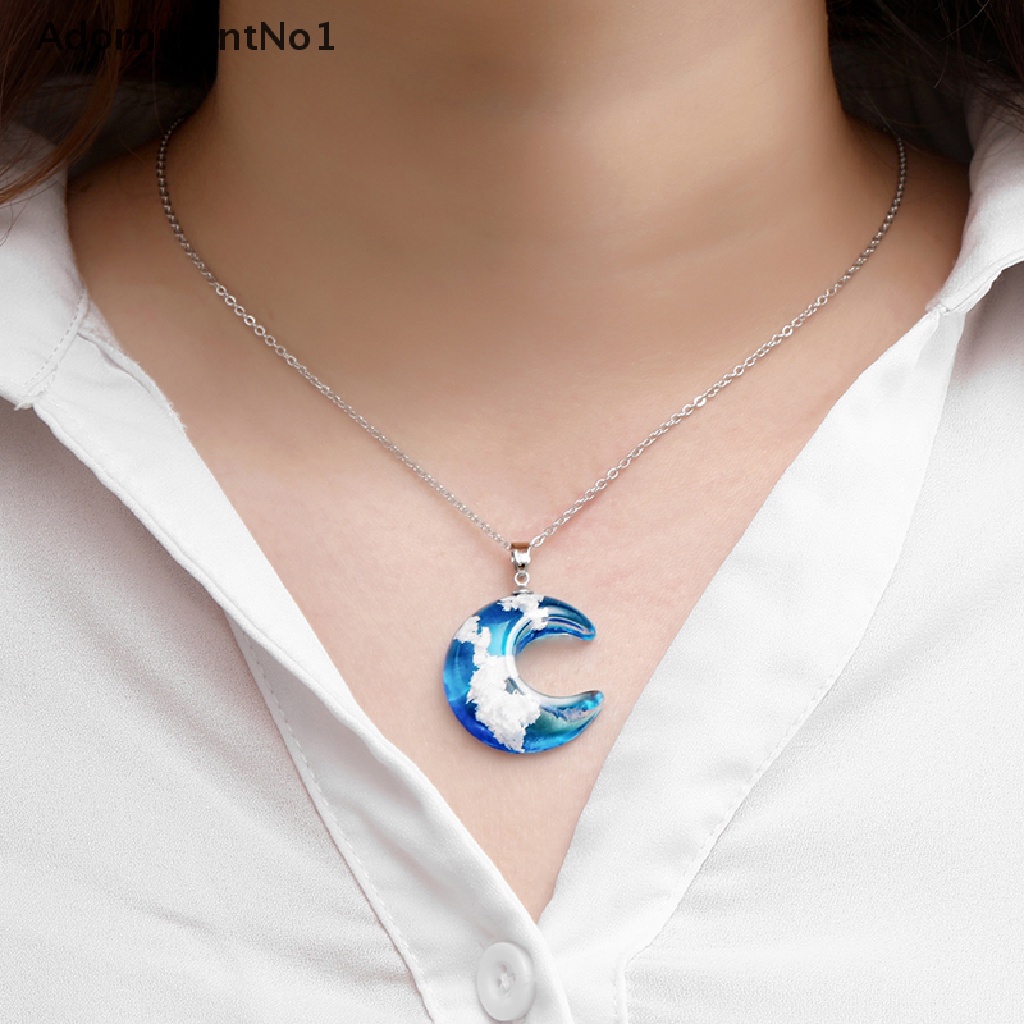 (AdornmentNo1) Kalung Rantai Dengan Liontin Bulan + Bola Resin Motif Langit Biru + Awan Putih Untuk Wanita