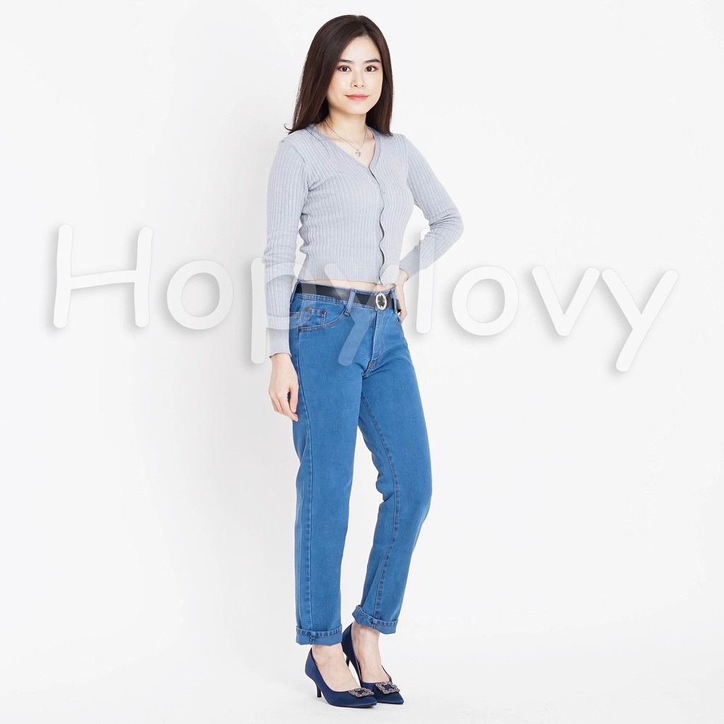 HOPYLOVY - Celana Wanita Plain Boyfriend Jeans BF Promo