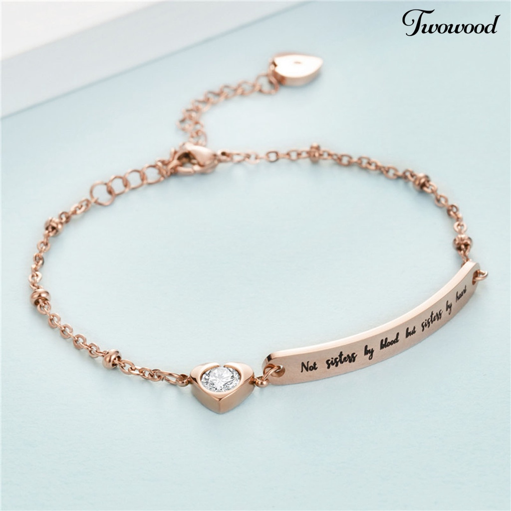 Twowood Letter Print Adjustable Women Bracelet Titanium Steel Curved Plate Heart-shaped Dangle Bracelet Jewelry Accessory