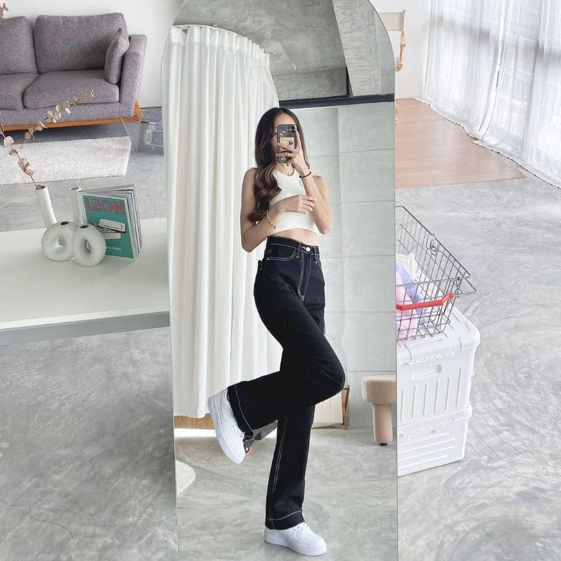 (27-34) HITAM LIST PUTIH HW LOOSE JEANS / BLACK LIST WHITE HW LOOSE JEANS / CELANA HIGHWAIST LOOSE JEANS WANITA CEWEK