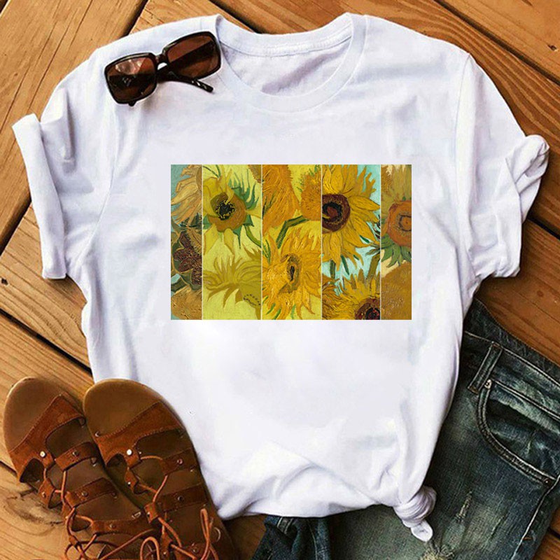 Kaos Motif Print Bunga Matahari Van Gogh Gaya Harajuku Shopee Indonesia