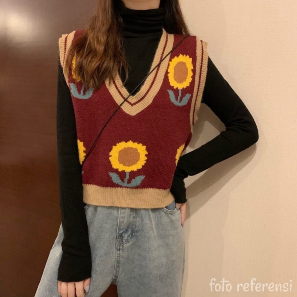 Rompi rajut motif bunga matahari gaya korea untuk wanita /sunflower vest