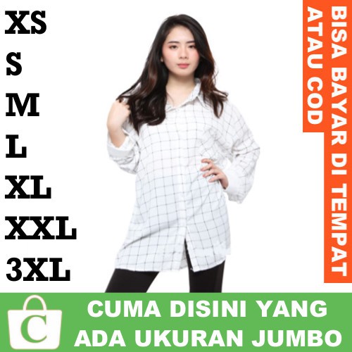 3XL XXL XL L M S XS Kemeja Blouse Wanita Hem Cewek Jumbo Big Size Panjang Polos Kotak Formal PUTIH