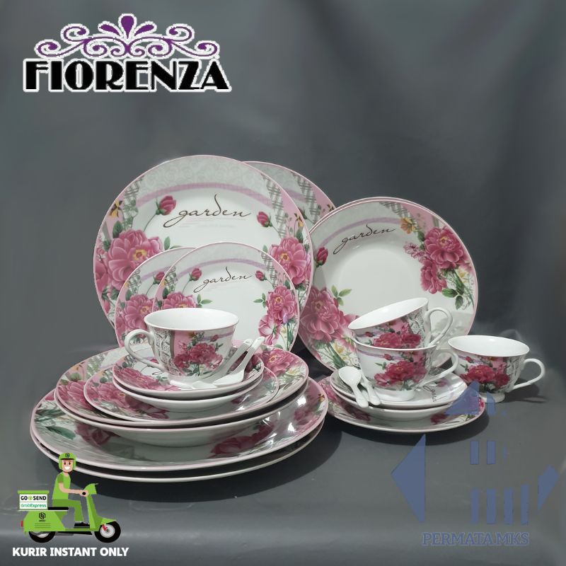 Piring Keramik Set 24pcs Putih Motif Bunga Round Dinner Set Florenza