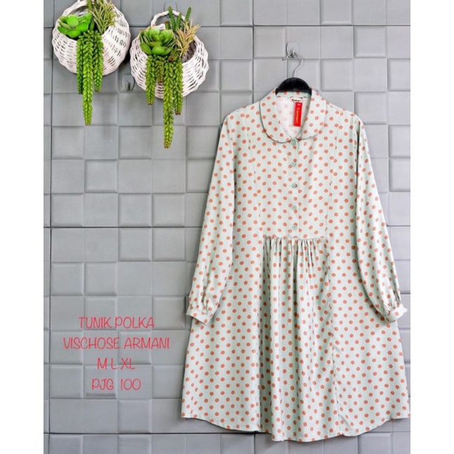 tunik polka bulat ORI by Kamari mint atasan tunic cewek ukuran L Ld100 viscose armani motif terbaru