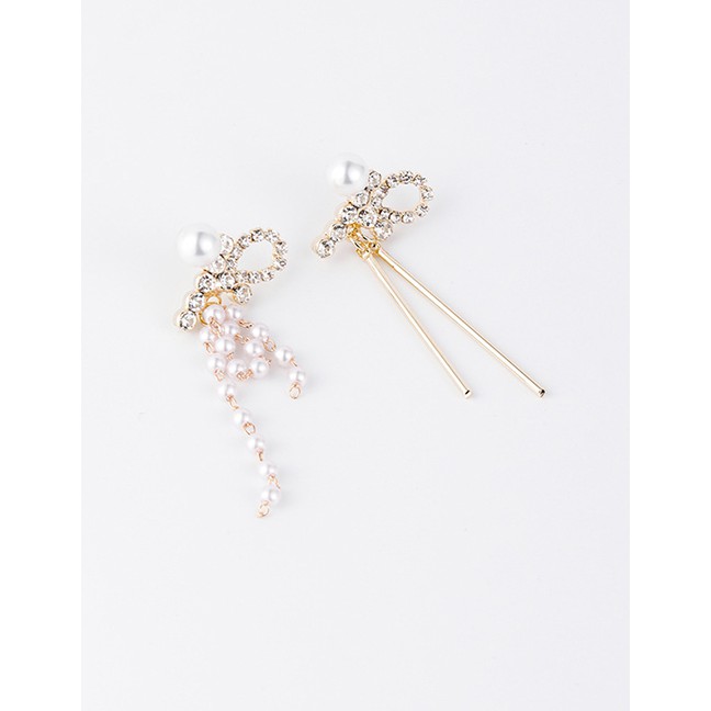 LRC Anting Tusuk Fashion Golden 925 Silver Pin Rhinestone Bow With Pearl Fringed Earrings