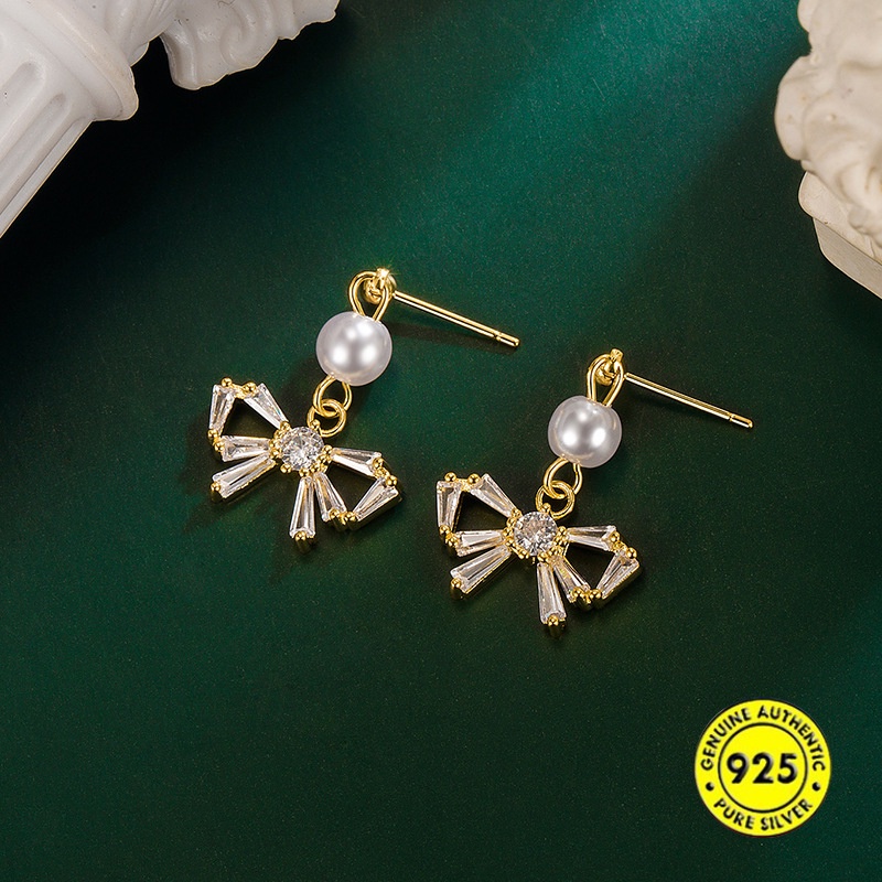 Anting Tusuk Sterling Silver 925 Model Pita Dengan Mutiara Untuk Wanita