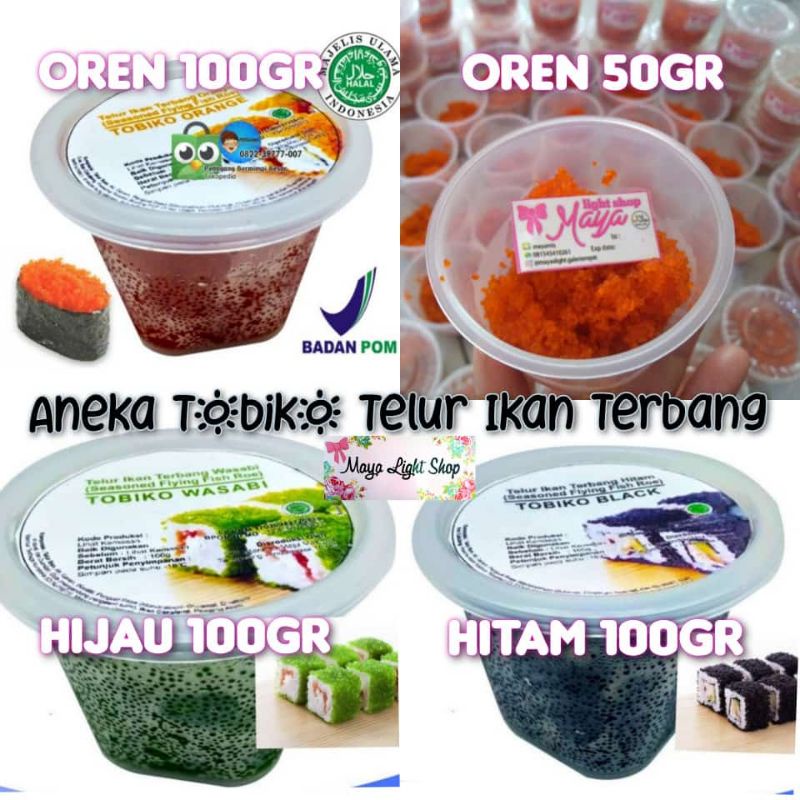 Tobiko chuka sushi idako kurage wakame roe telur ikan caviar flying fish tobiko orange hitam hijau wasabi