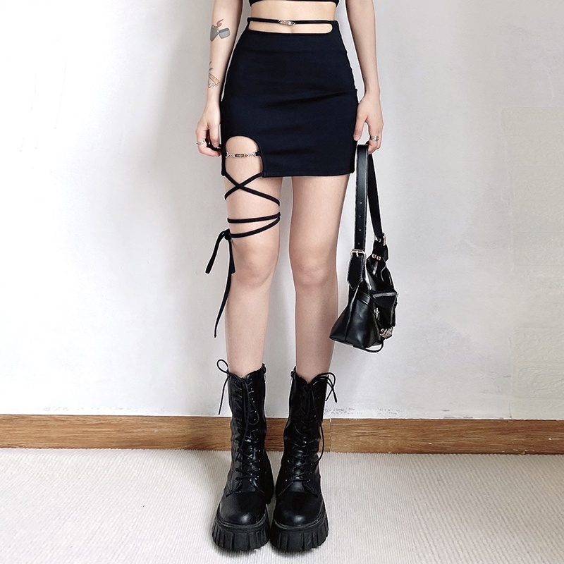 【AMY J】Strap Design High Waist Mini Skirt with Side Split 7046