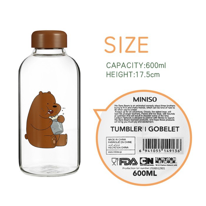 Hot sale  MINISO We Bare Bears Botol Minum Air Kaca Borosilikat Tinggi 600ml  hanya di shopee