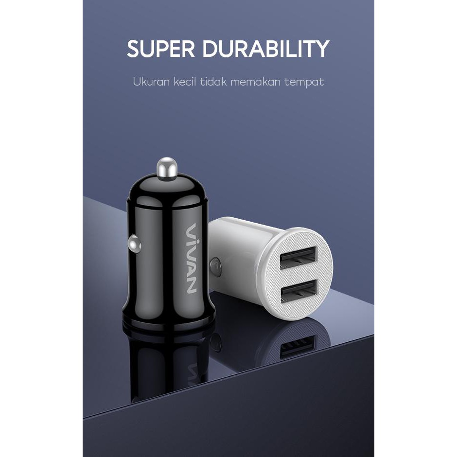 VIVAN VCC01 2.4A Dual Port Small &amp; Portable Car Charger with 1m Data Cable Super Durability