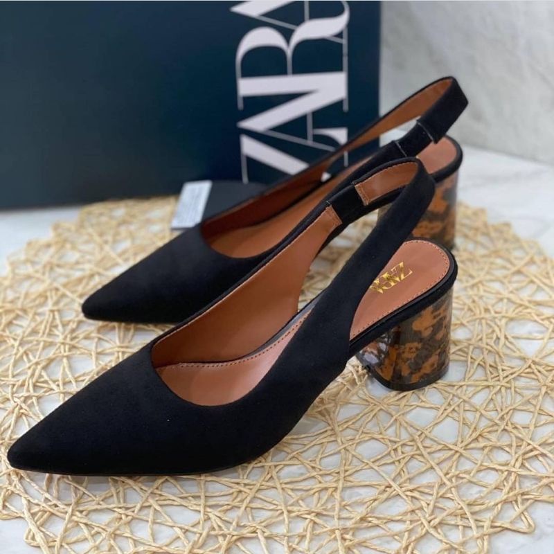ZS430 Sepatu Kerja Wanita Zara Velvet Leopard Slingback Heels