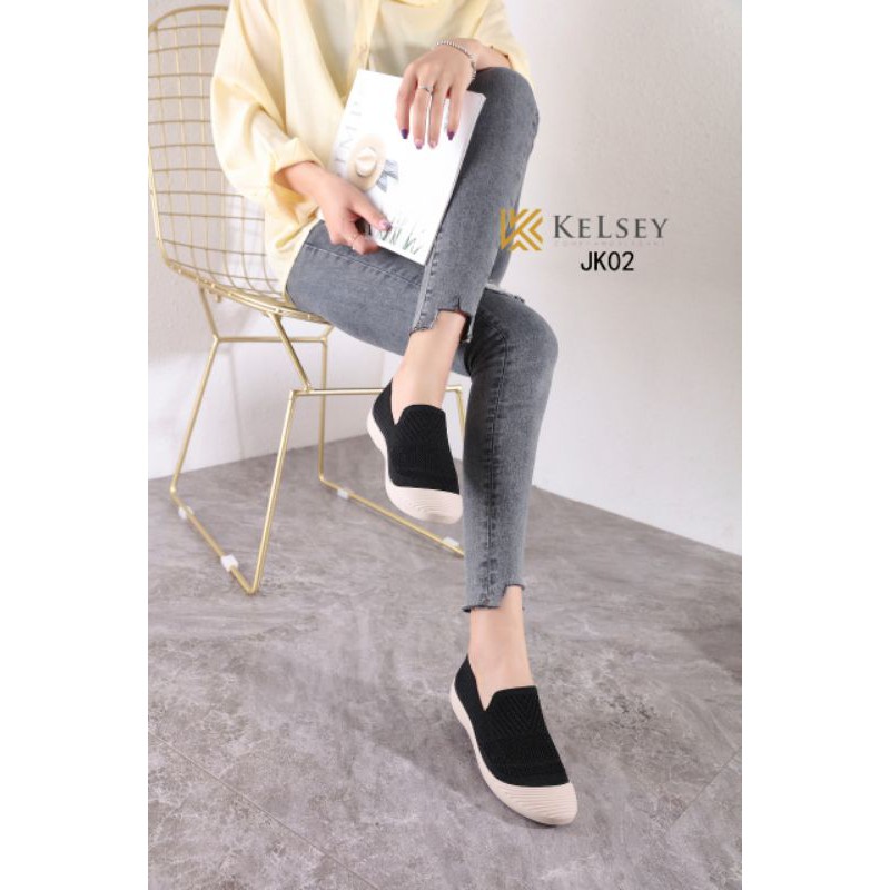 Kelsey Sepatu Slip On JK02 Sepatu Flyknit Flat Shoes Wanita