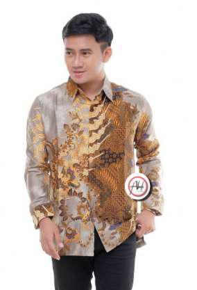 Kemeja Batik Pria Dewasa Lengan Panjang Premium Sutra Halus Warna Emas Kuning Abu-abu Silver Coklat