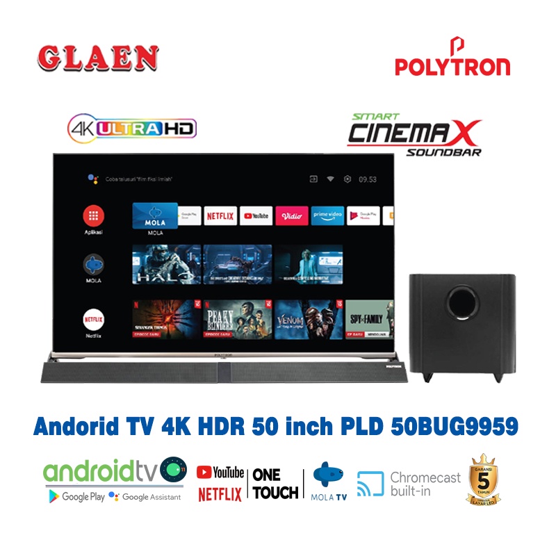 Led Polytron Android TV 50 inch PLD 50BUG9959 | Cinemax Soundbar Digital Tv 4K HDR