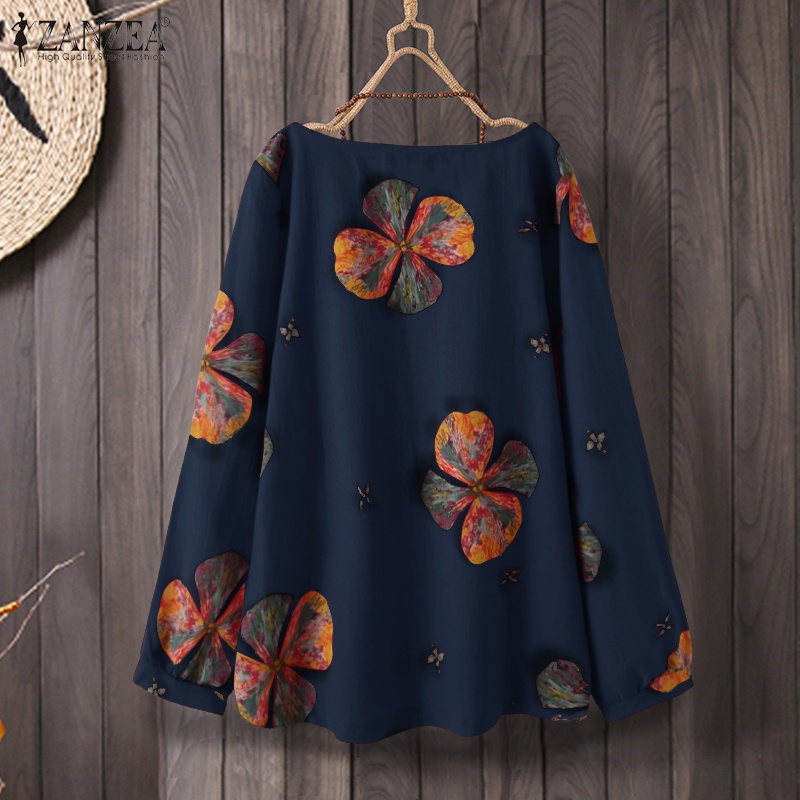 ZANZEA Women Long Sleeve Loose Retro Floral Printed Casual Blouse