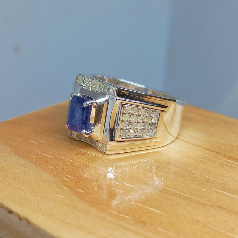 Cincin Silver Pria Elegan Berlian Asli Batu Blue Safir