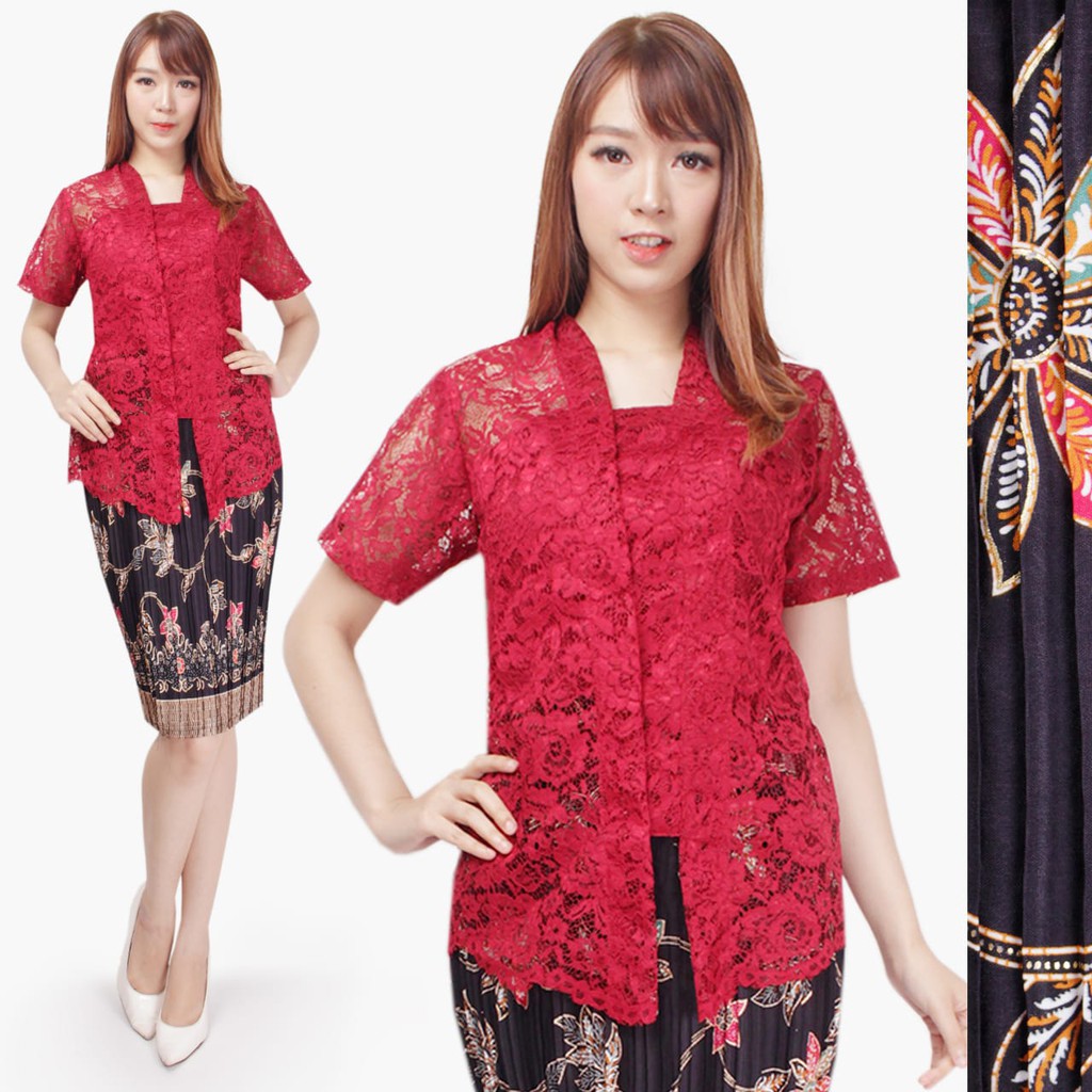 SB Collection Stelan Kebaya Silvi Blouse Brukat Dan Rok Plisket Midi Batik Wanita