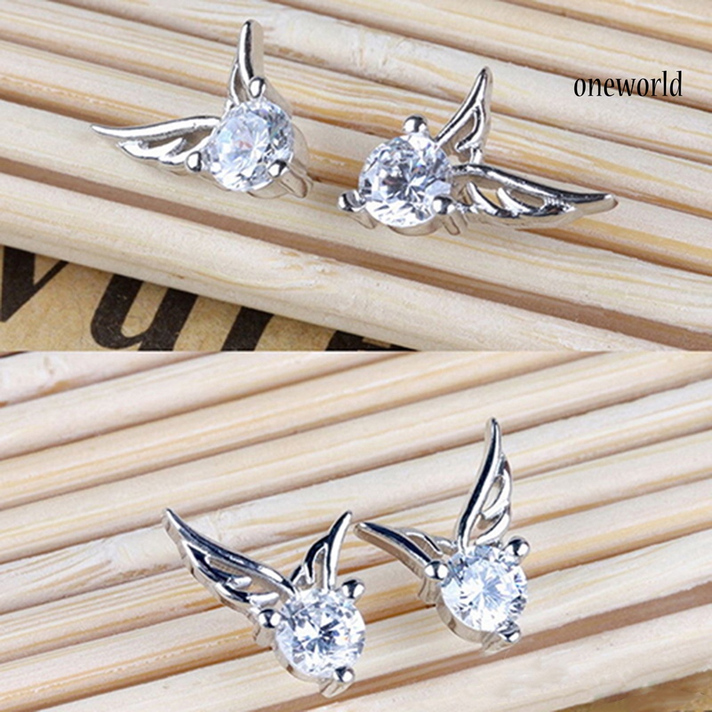 OW@ Earrings Exquisite Angle Wing Pattern Plated Silver Rhinestone Women Ear Studs for Women