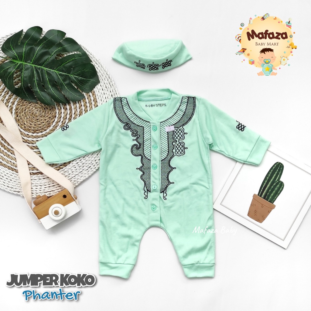 MAFAZABABY Set Jumper Romper Koko Bayi Baju Muslim Anak Bayi Laki-laki Newborn Koko Aqiqah(0-6bulan)-Motif 1 mint