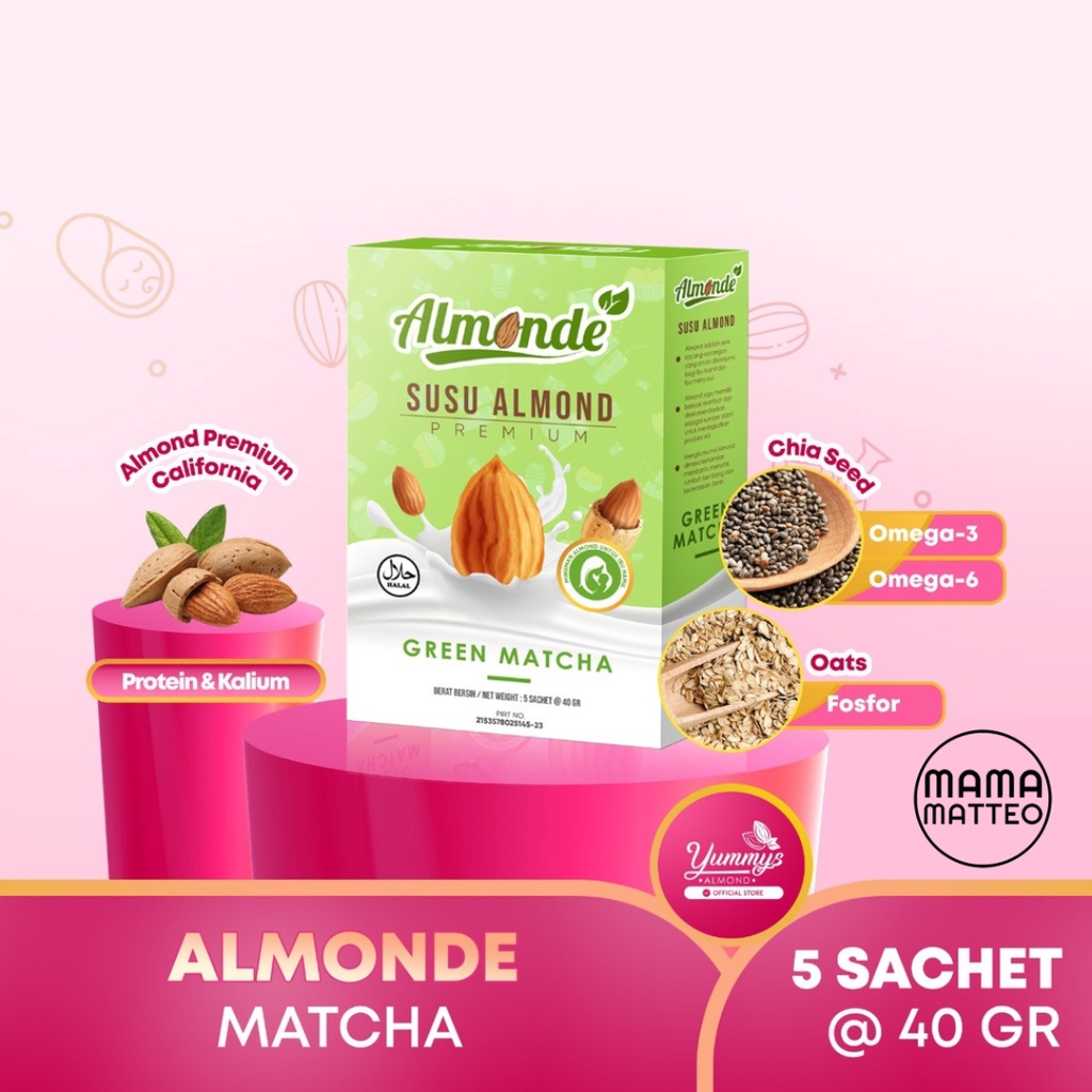 YUMMYS Almonde Premium Almond Milk 200GR / Susu Program Kehamilan / Susu Ibu Hamil / Rasa Dark Chocolate Taro Green Matcha Creamy Strawberry Pure Sweet / Tester Isi 5 Sachet