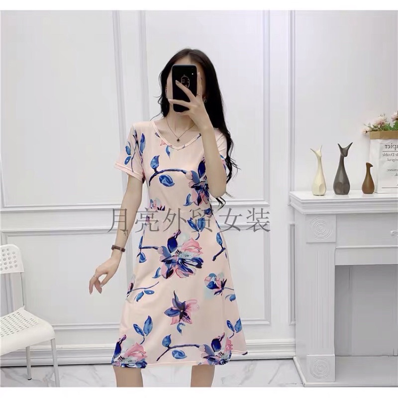 DRESS44 Miya Dress / midi dress bahan poliester polyester adem size m motif bunga warna pink biru ha