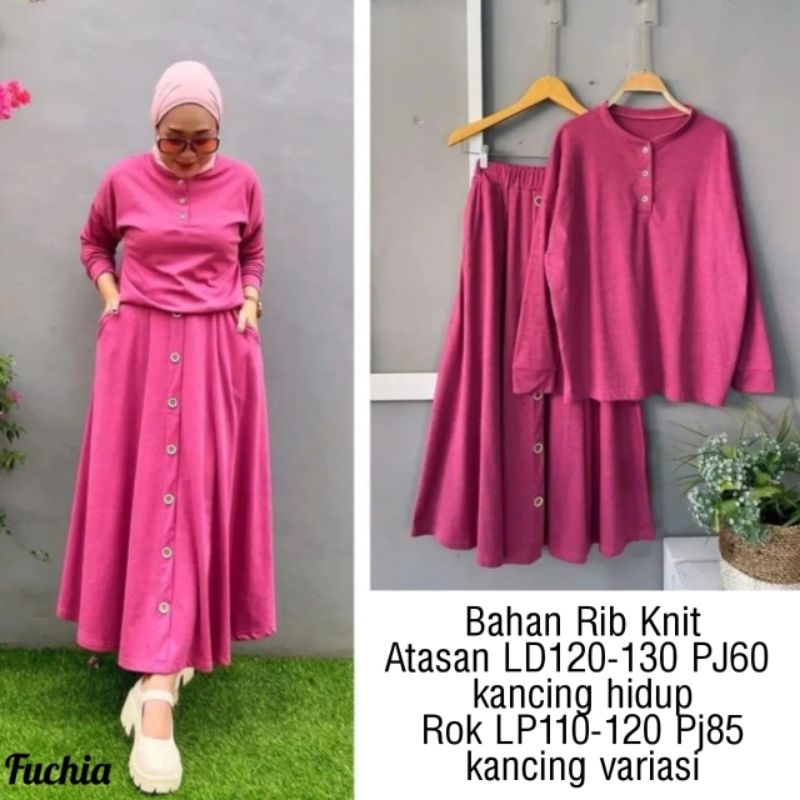 SET ROK, BUTTON, HARUKA, RIB KNIT, GAMIS HIJAB MUSLIM, SETELAN, 3 UKURAN