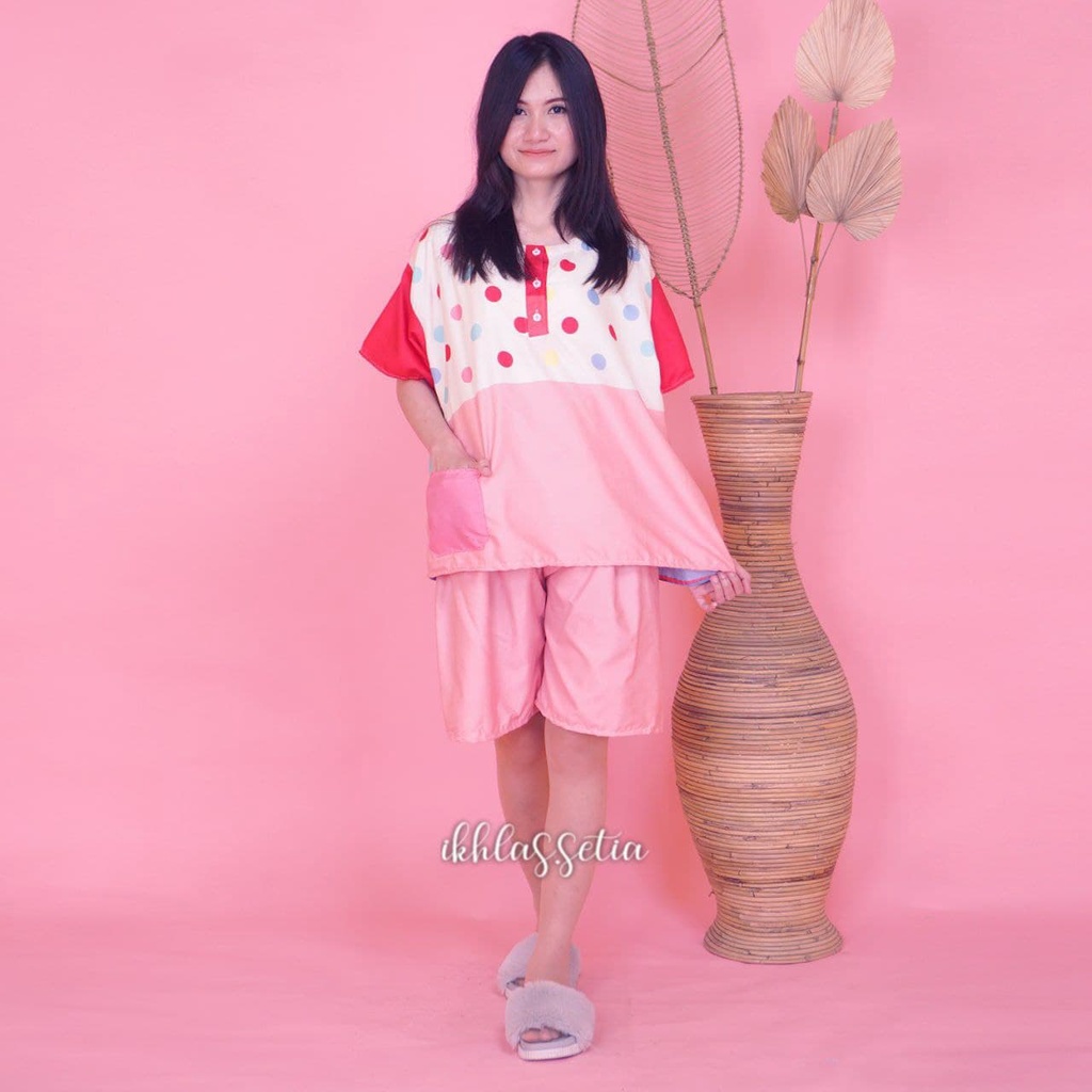PIYAMA SETELAN PENDEK JUMBO KATUN KARAKTER BAJU TIDUR KANCING DEPAN-KJ POLOS POLKAPINK