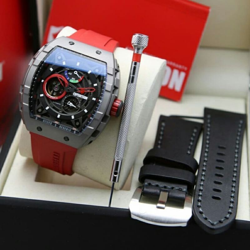 Expedition automatic paket ( tali kulit )tali rubber titanium variasi warna pria E 6782 M original 1