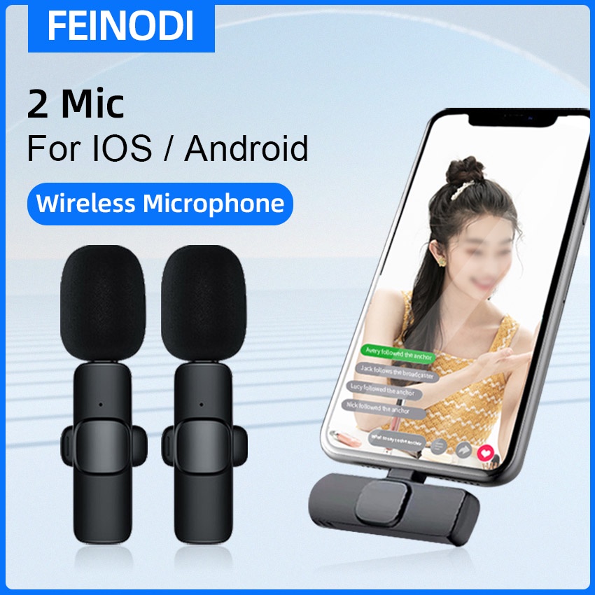 FEINODI 2.4Ghz wireless Lavalier microphonoe,Bluetooth wireless Lapel Mic Rechargeable Transmitter and Receiver for iPhone/DSLR Camera/smartphones/Laptop Support Vlog /video recording/TikTok Live Stream/Youtube/Facebook