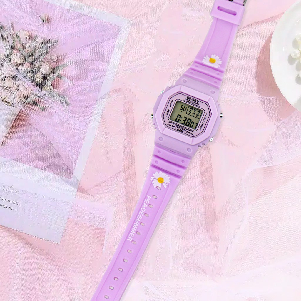 JAM TANGAN DIGITAL RUBBER PRIA / WANITA SEGI DW-5600 GROSIR KARET RUBBER SPORT LED KOREA SPORT ELEKTRONIK MOTIF BUNGA DAN POLOS STYLE COUPLE ANAK ANAK / REMAJA WATCHBRANDS  MURAH JF052 / C8-BUNGA PURPLE