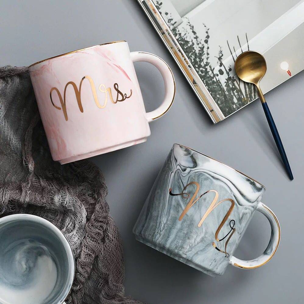 CANGKIR GELAS COUPLE MR MRS MARBLE MUG PREMIUM BOX WEDDING GIFT SET KADO CERAMIC CUP GELAS PASANGAN MARMER