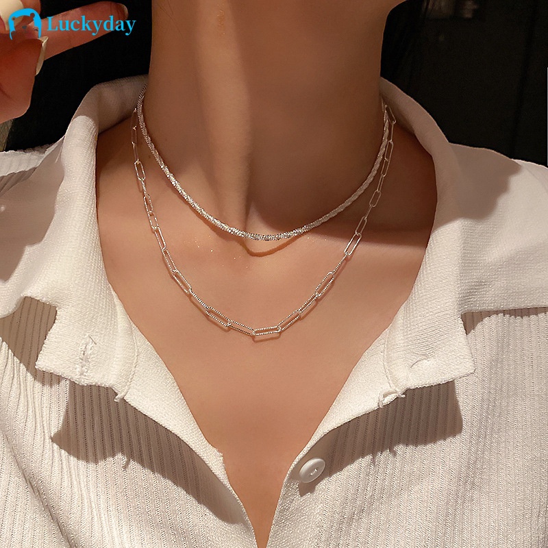 YEEZII 2pcs / Set Kalung Choker Rantai Silver Banyak Lapis Gaya Retro Untuk Wanita