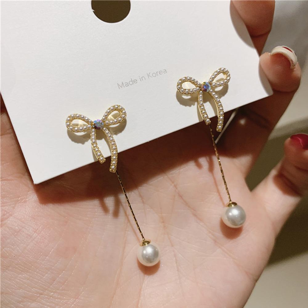 NEEDWAY Anting Stud Wanita Hadiah Trendi Rumbai Korea Busur Mutiara Pearl Earring