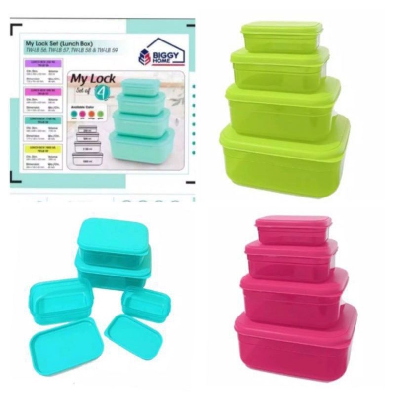 Toples Set Biggy My Lock 4 Pcs Food Storage / Wadah Serbaguna / Rantang Beranak Bekal Plastik Bento