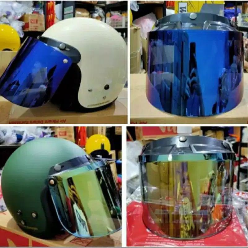 kaca Visor Bogo Retro datar iridium gold -blue