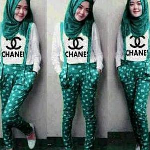 HIJAB OVERALL POLKA CHANEL SET / BAJU WANITA MUSLIM / SETELAN WANITA - HIJAU TOSCA TRENDY
