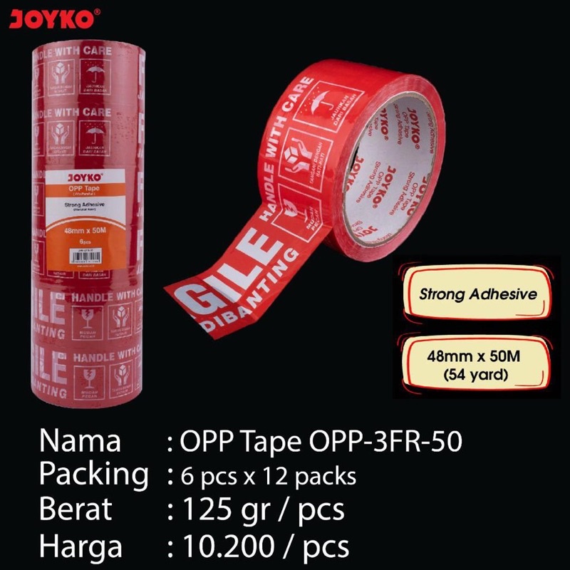 

OPP Tape OPP-3FR-50 Pita Perekat Lakban Fragile Jangan Dibanting Joyko