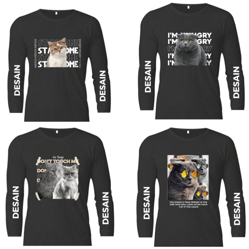 Kaos Custom Lengan Panjang Sablon DTF / Desain Kucing / Desain Boleh Di Buat Sendiri Berkualitas