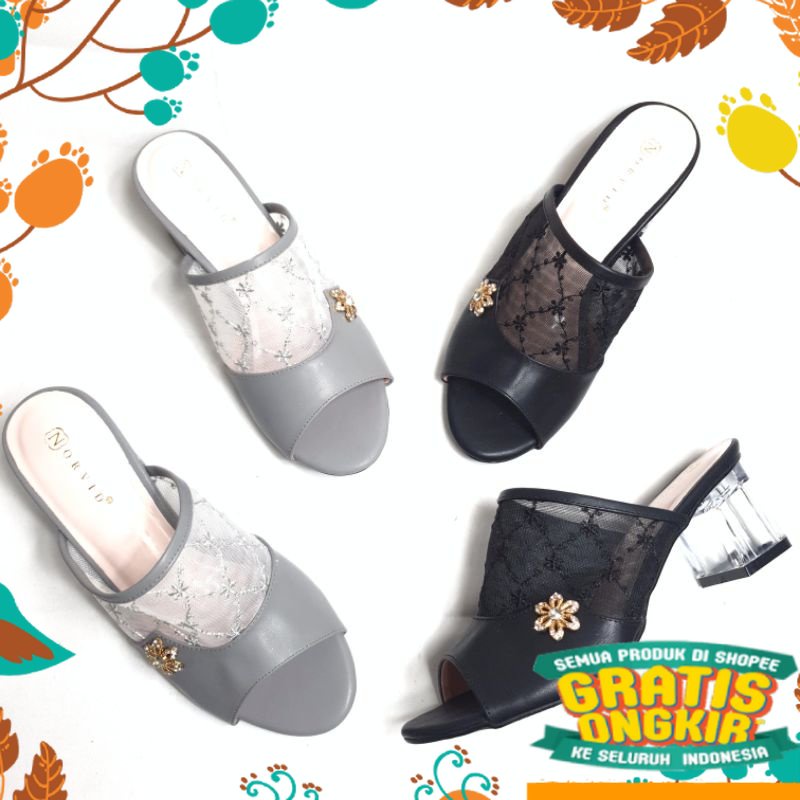 sepatu sendal pink salem grey ungu hijau muda tua dark light / Norvid heels flower gold NGS 017