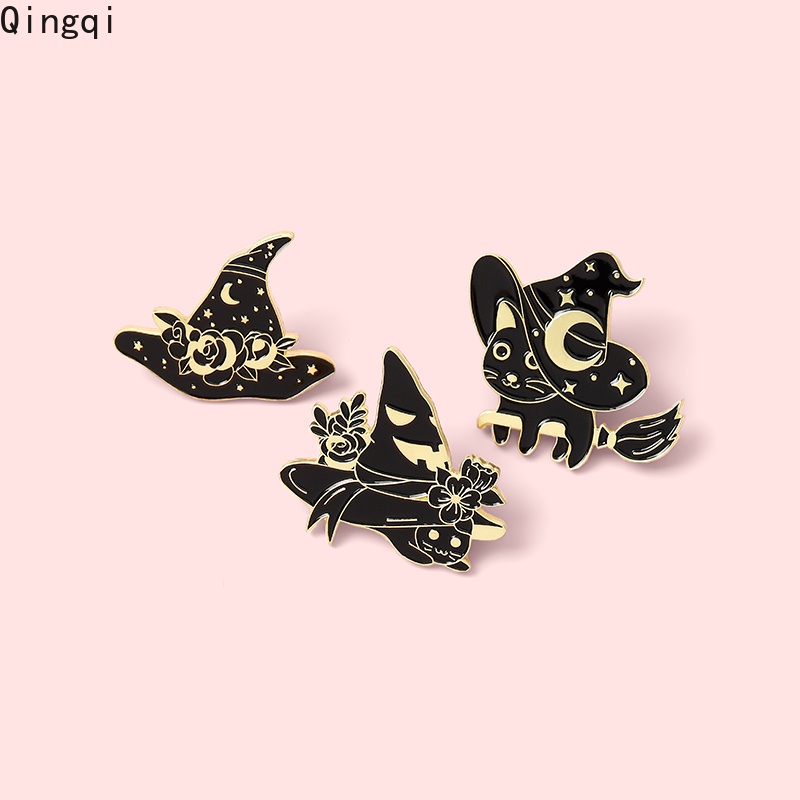 Bros Pin Enamel Desain Kucing Penyihir Warna Hitam Gaya Gothic Untuk Kerah Pakaian