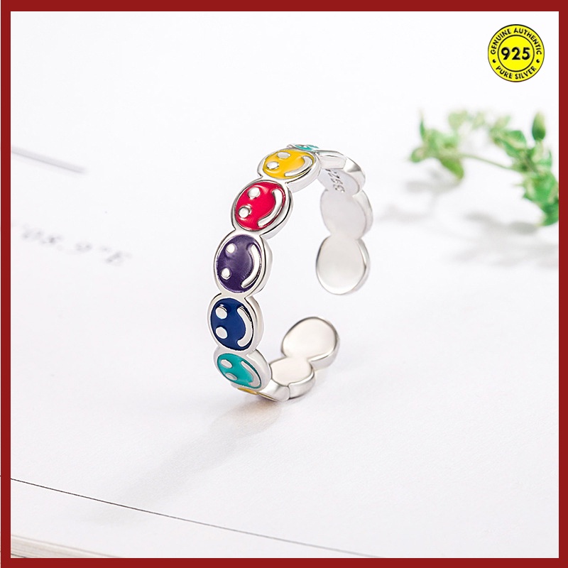 Cincin S925 Silver Model Terbuka Dapat Disesuaikan Motif Smiley Warna Pelangi Untuk Wanita