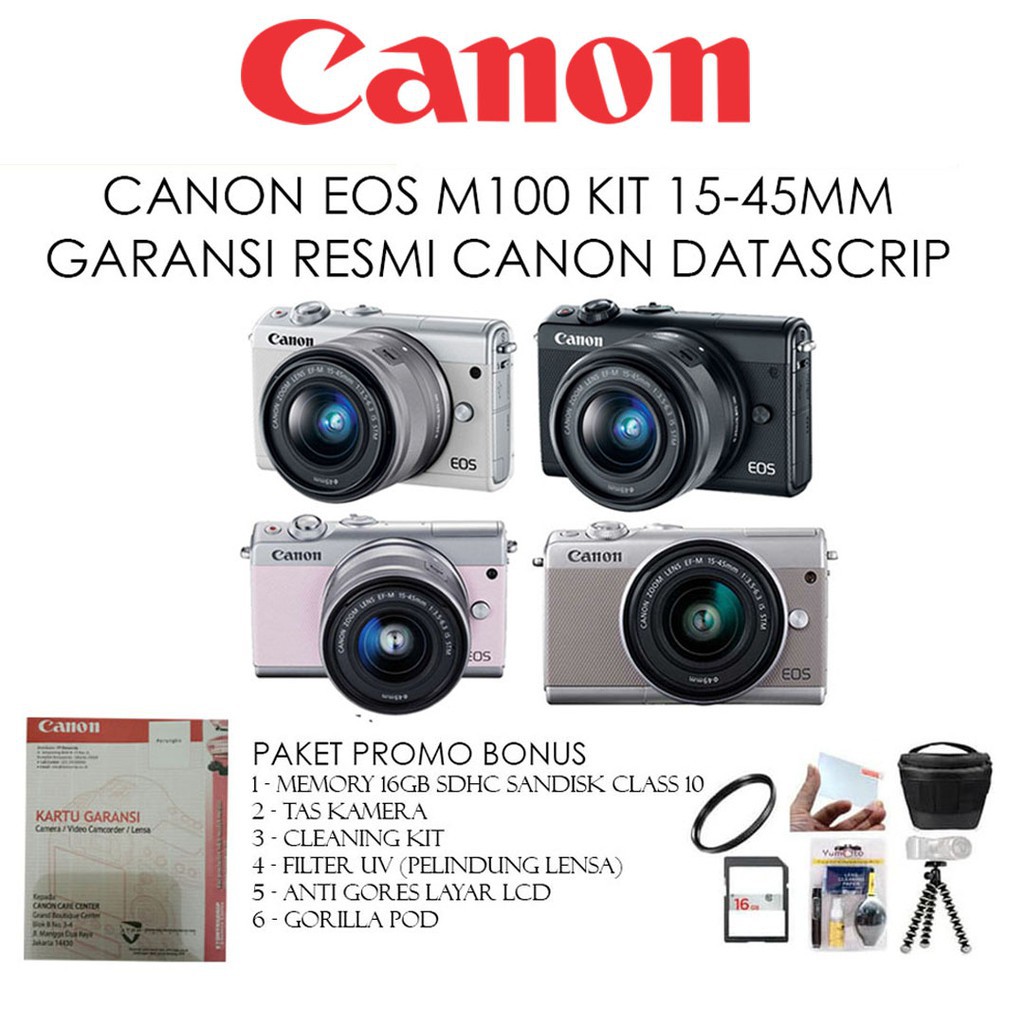 CANON EOS M100 KIT 15-45MM PAKET BONUS - KAMERA CANON MIRRORLESS HARGA PROMO