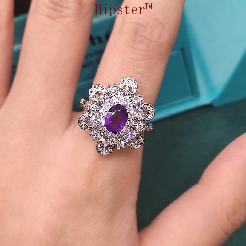 New Luxury Blue Topaz Ring Natural Amethyst Open Women