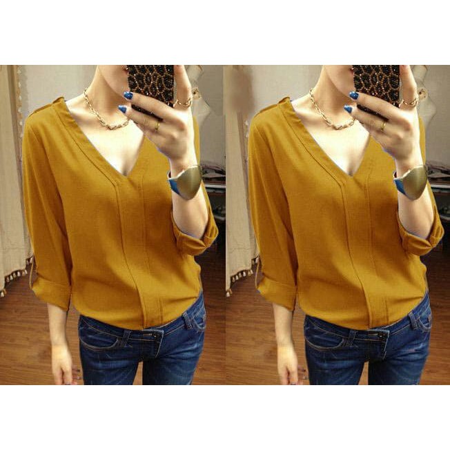 Got7 Blus Wanita Dengan Fleece Warna Hijau Dan Hiasan Saku Bergay CE552 Atasan Zr Mustard [Atasan
